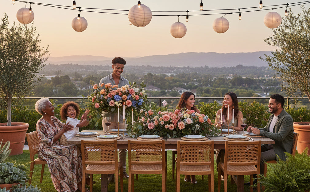 A cozy outdoor backyard dinner in Los Angeles with a beautiful panoramic view of California hills.
