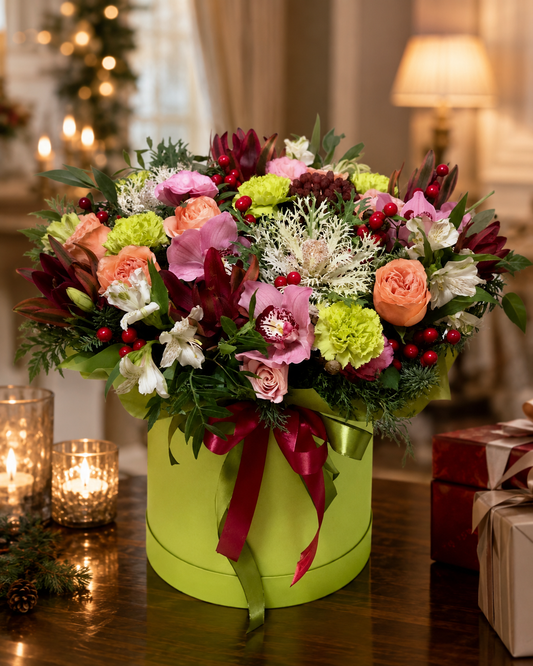 Festive Floral Ensemble holiday flower box with roses, orchids, green carnations, red berries, winter greenery, candles, and wrapped gifts | Zelena Flora | Los Angeles