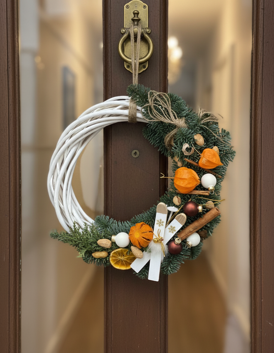 Decorative wreath with autumn elements on a door