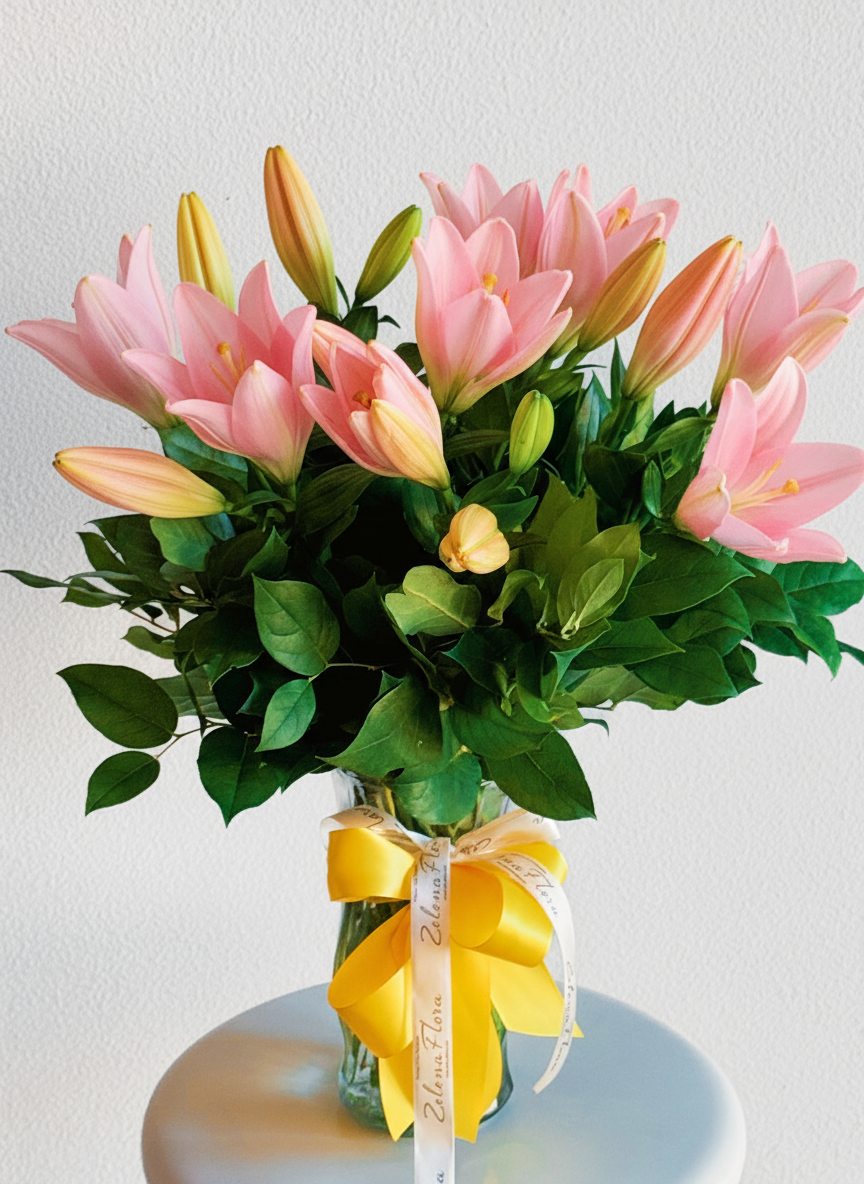 Bouquet of pink and yellow lilies in a clear vase with a yellow ribbon on a white background