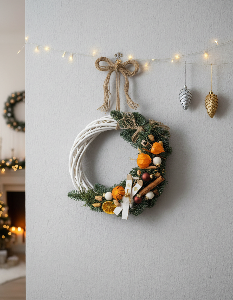Decorative wreath with pinecones and lights on a gray wall