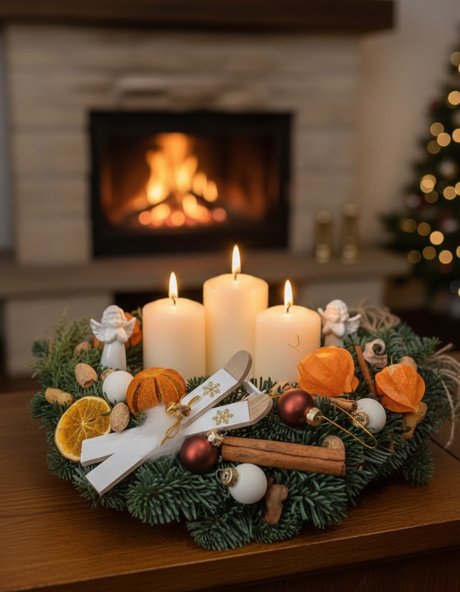 Decorative wreath with candles and ornaments on a table in front of a fireplace.