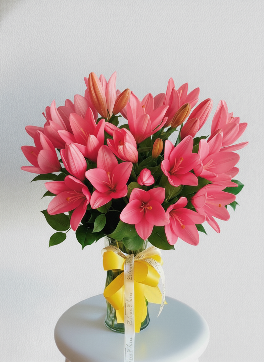 Bouquet of pink flowers in a vase with a yellow ribbon on a white background