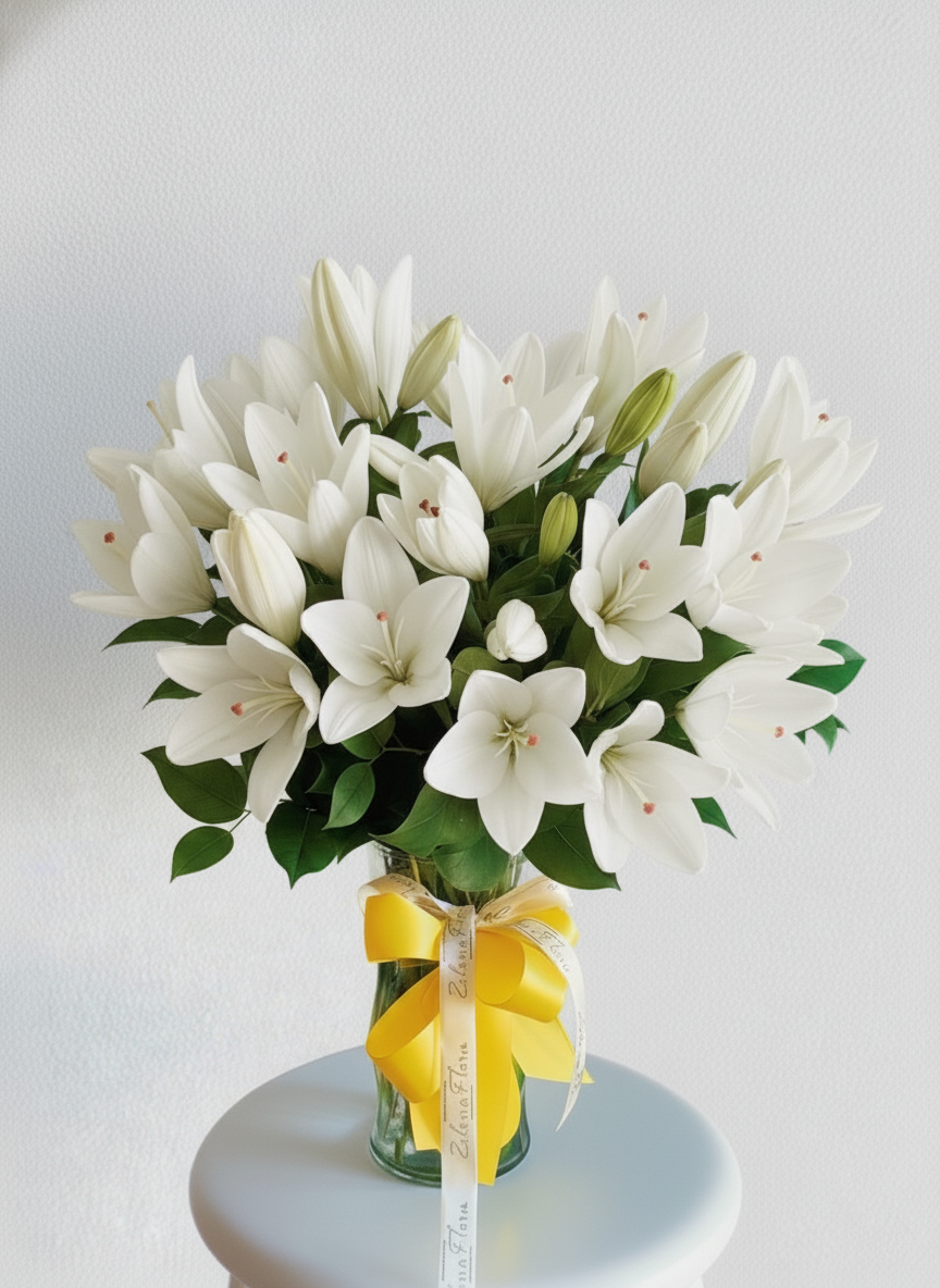 Bouquet of white lilies with a yellow ribbon in a clear vase on a light gray background