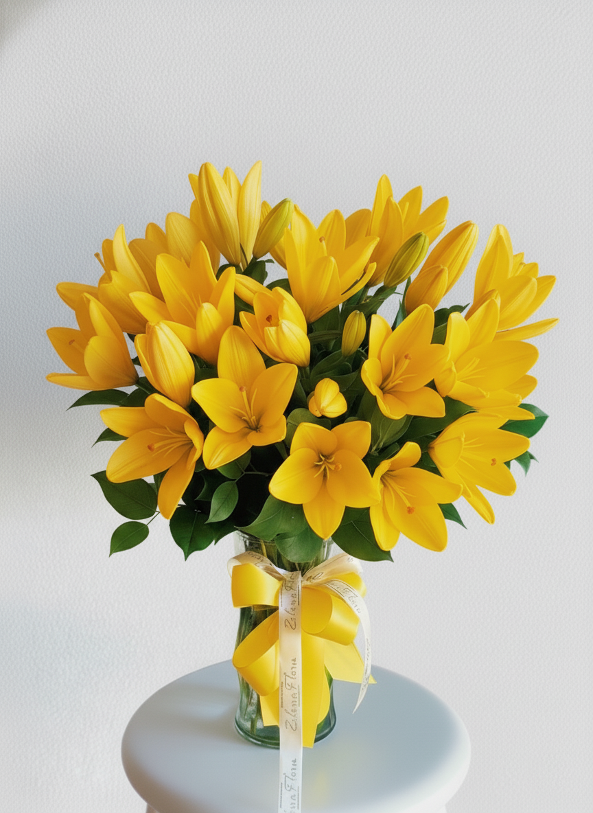 Bouquet of yellow lilies in a clear vase with a white ribbon on a light gray background