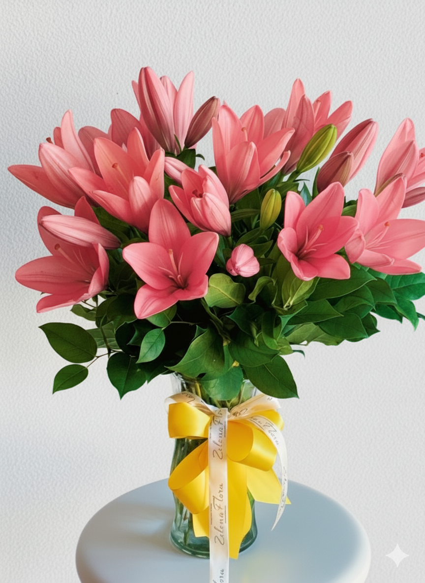 Bouquet of pink lilies in a clear vase with a yellow ribbon on a white background