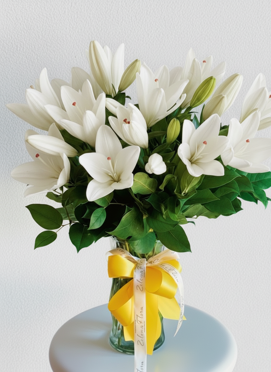 Bouquet of white lilies in a glass vase with a yellow ribbon on a light background
