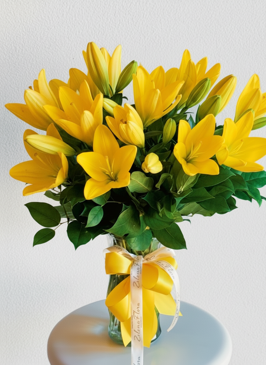 Bouquet of yellow lilies with a yellow ribbon on a white background