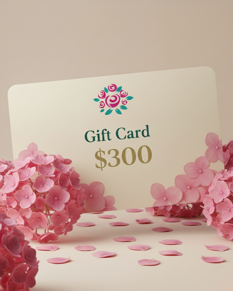Gift card with pink flowers and confetti on a beige background