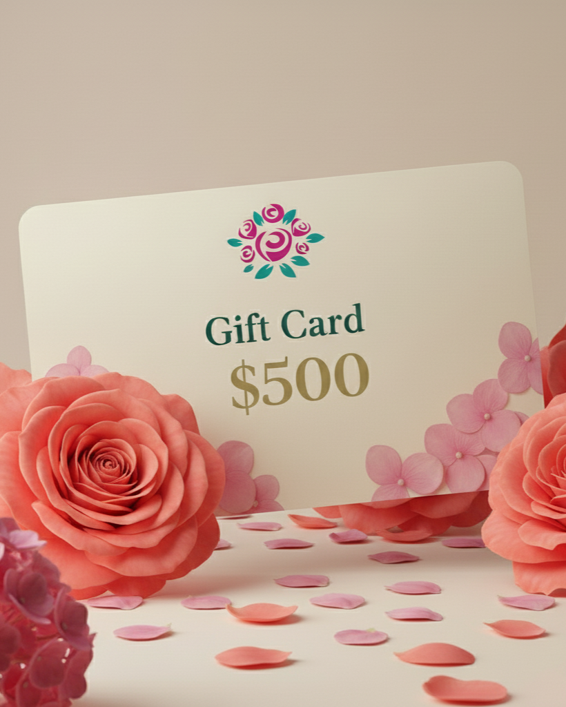Gift card with $500 value surrounded by pink flowers on a beige background
