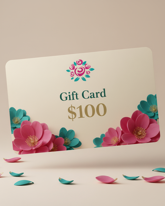 Gift card with floral design and $100 value on a beige background