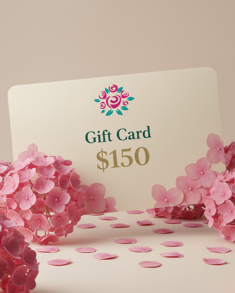 Gift card with pink flowers and confetti on a beige background