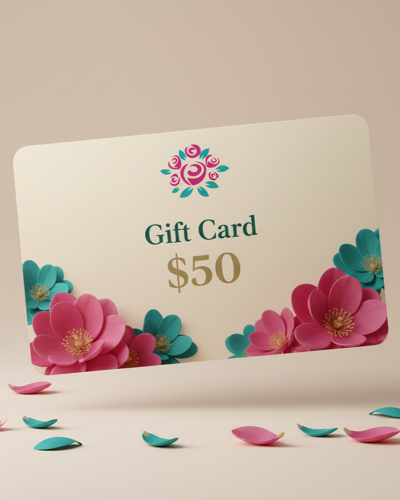 Floral design gift card with a value of $50 on a beige background