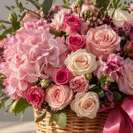 Close detail of Pink Marshmallows basket with pink hydrangea, blush roses, spray roses and dianthus