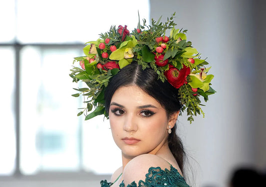 Zelena Flora floral crowns worn by models at the Drisha Closet show during LAFW Los Angeles Fashion Week at Elysium DTLA