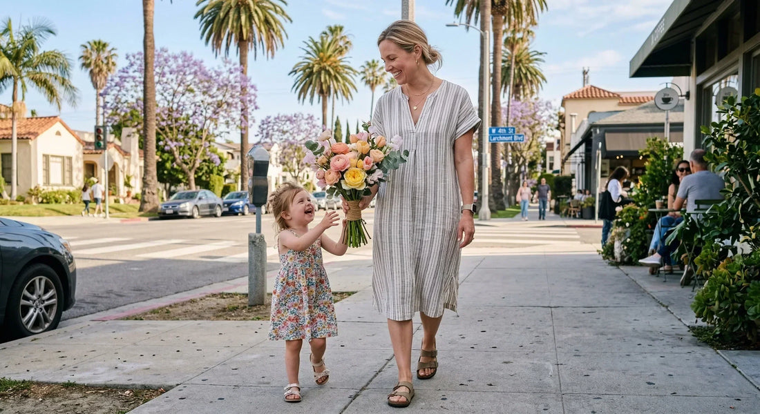 Modern Mother’s Day bouquet in Los Angeles with ranunculus and tulips