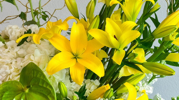 Spring flower bouquet with yellow lilies and white hydrangea by Zelena Flora Los Angeles