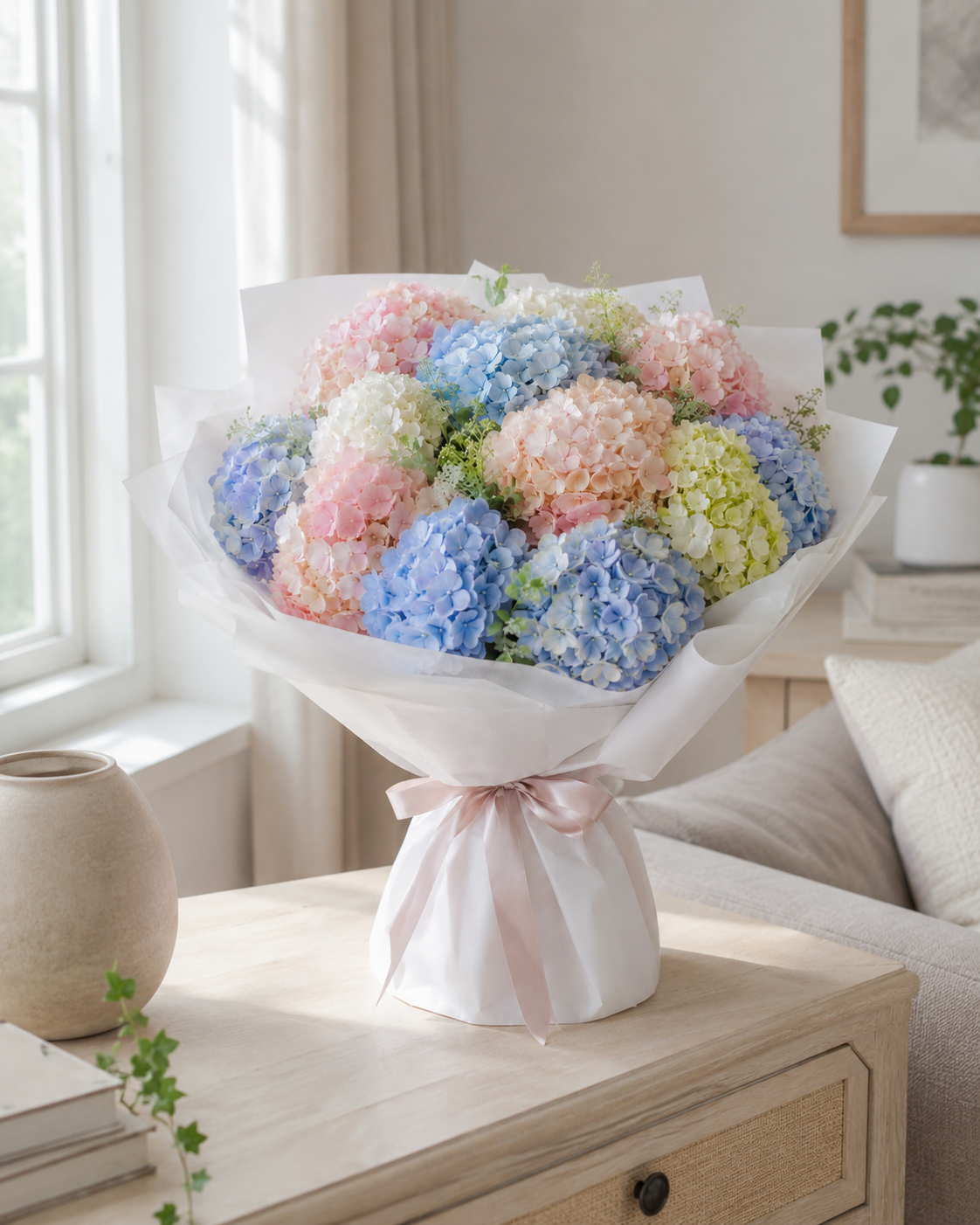 Delicate Cloud of Hydrangeas bouquet in a bright cozy interior | Zelena Flora | Los Angeles