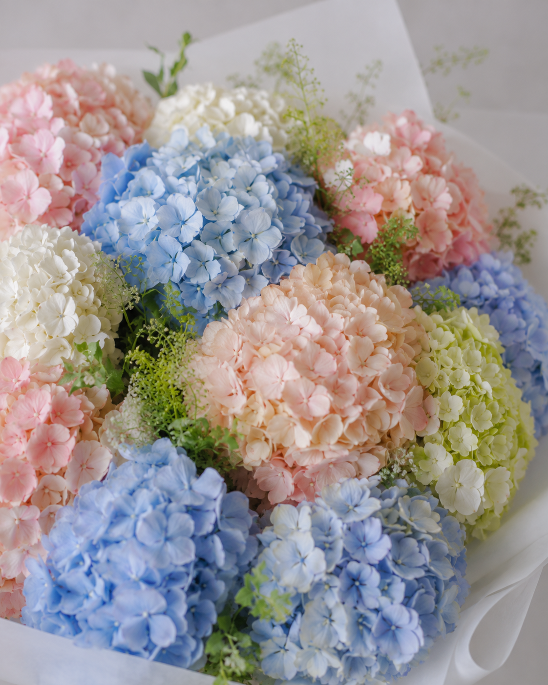 Close-up of pastel hydrangeas in Delicate Cloud bouquet | Zelena Flora | Los Angeles
