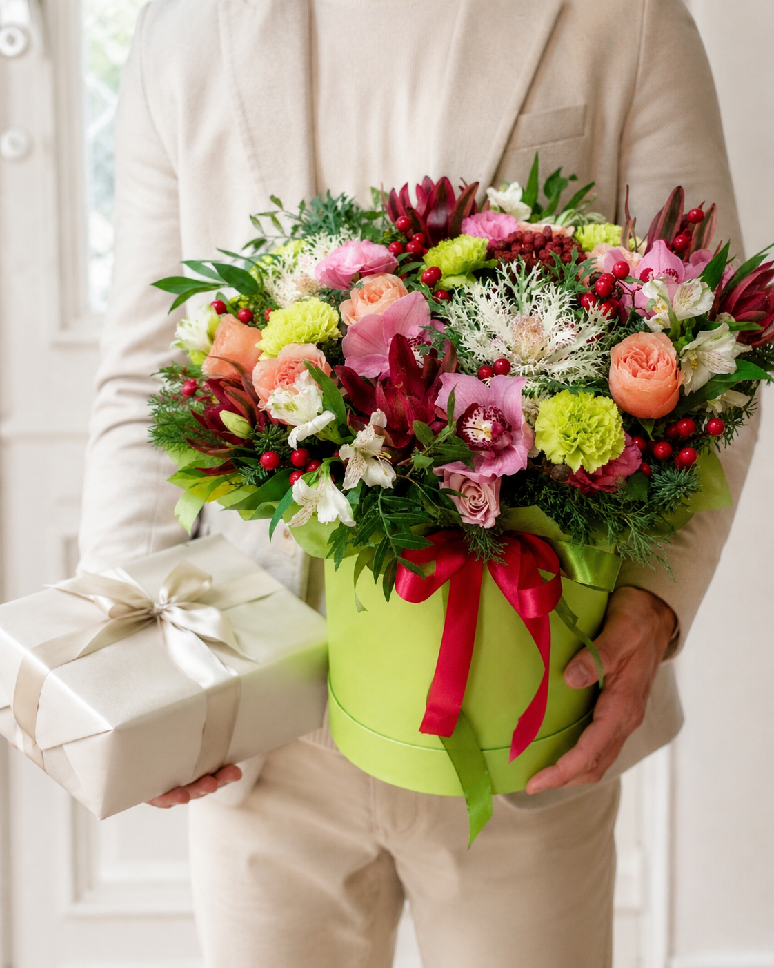 Festive Floral Ensemble flower box with roses, orchids, green carnations, red berries, burgundy ribbon, and gift box in hands | Zelena Flora | Los Angeles