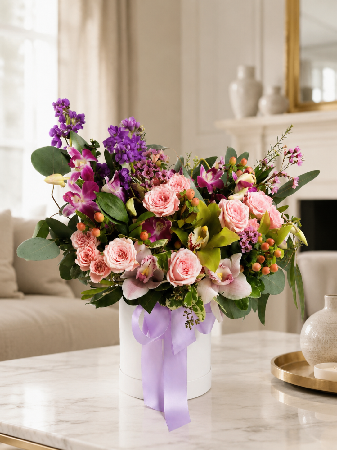 First Date romantic floral box arrangement with lavender ribbon displayed in a bright elegant home interior | Zelena Flora | Los Angeles