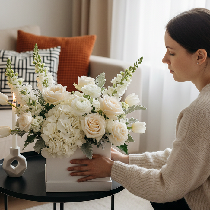 young women and white flower arrangement