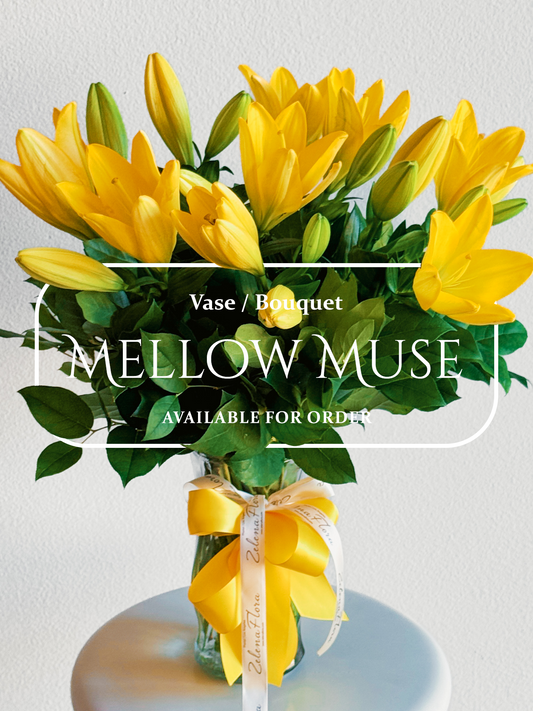 Bouquet of yellow flowers in a vase with 'Mellow Muse' branding on a light gray background
