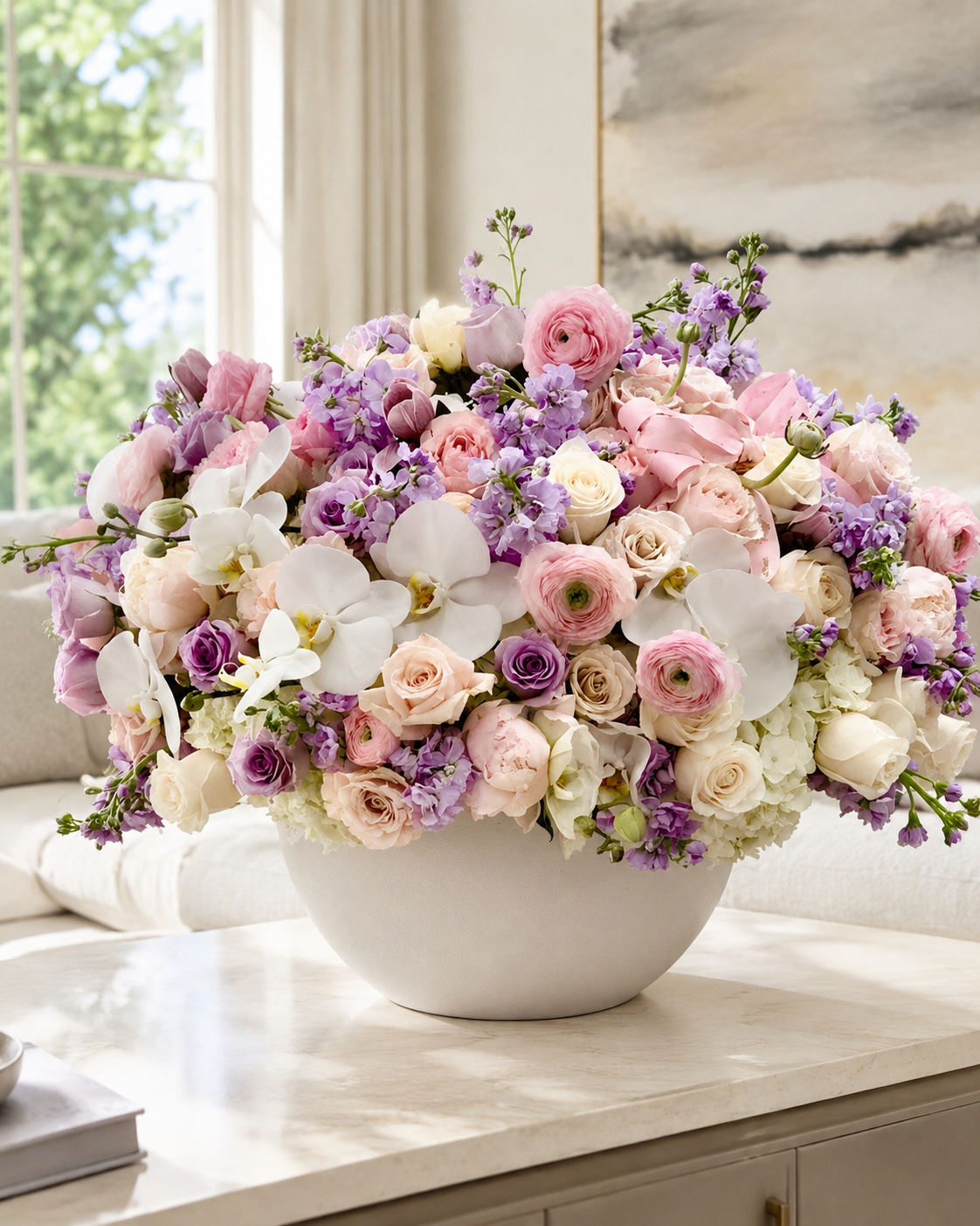 Rose Garden floral arrangement in a wide ceramic bowl displayed on a marble console in a bright elegant home interior | Zelena Flora | Los Angeles