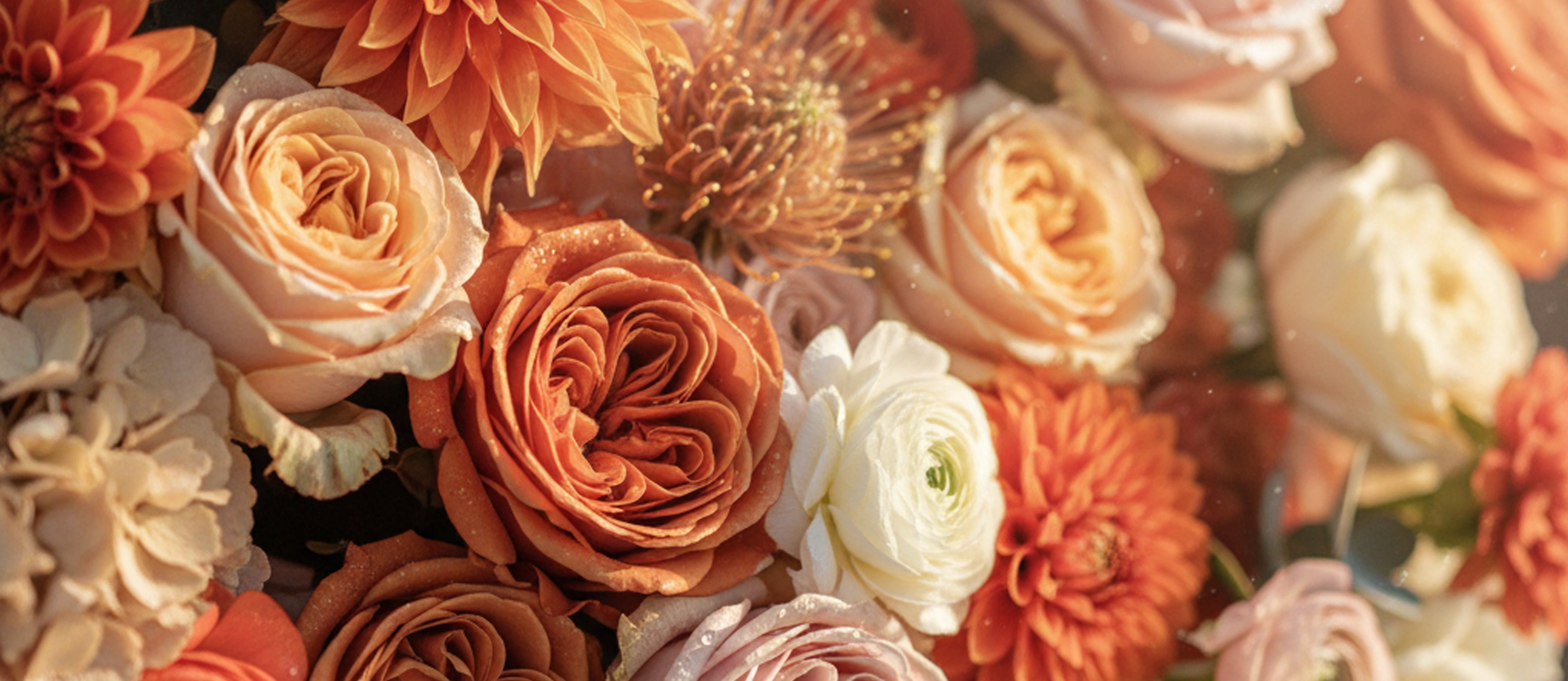 Close-up of a bouquet of flowers in shades of orange, pink, and white.
