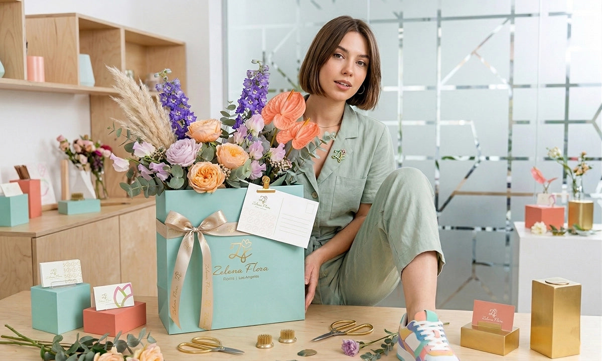 Woman sitting at a desk with a large floral arrangement and gift box in an office setting