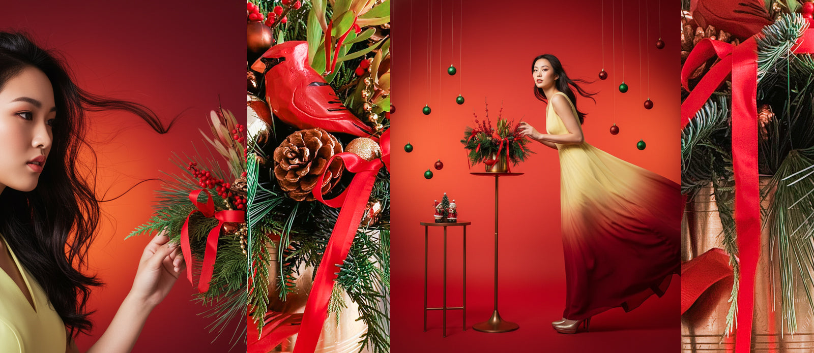 Collage of Christmas-themed images including a woman, wreaths, and decorative elements on a red background.
