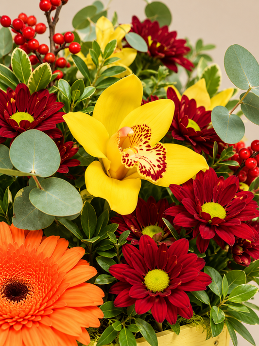 Close-up of Crown of Fire yellow cymbidium orchid, burgundy chrysanthemums, orange gerbera, red berries and eucalyptus