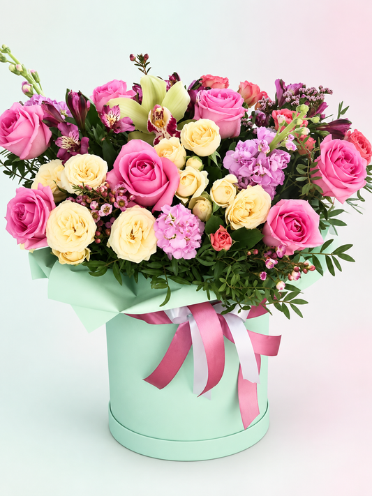 Flower Fantasy floral box on a light abstract background with pink roses, yellow spray roses, green cymbidium orchid and lilac stock