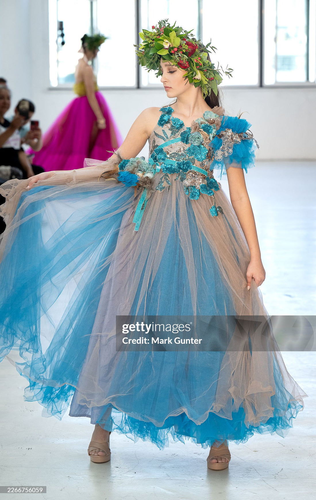Zelena Flora floral crowns worn by models at the Drisha Closet show during LAFW Los Angeles Fashion Week at Elysium DTLA