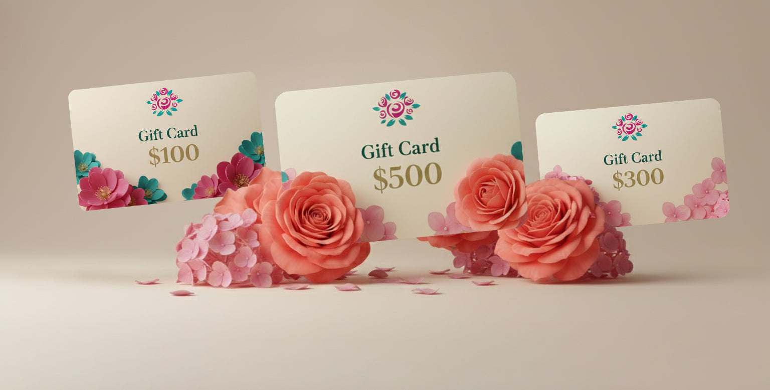Three gift cards with floral designs and flower arrangements on a beige background