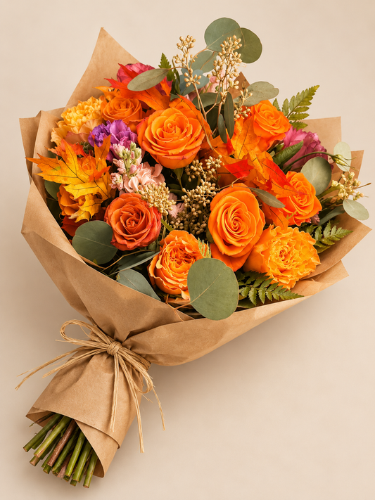 Golden Harvest hand-tied autumn bouquet wrapped in kraft paper with orange roses, chrysanthemums, peach stock, eucalyptus and fall leaves
