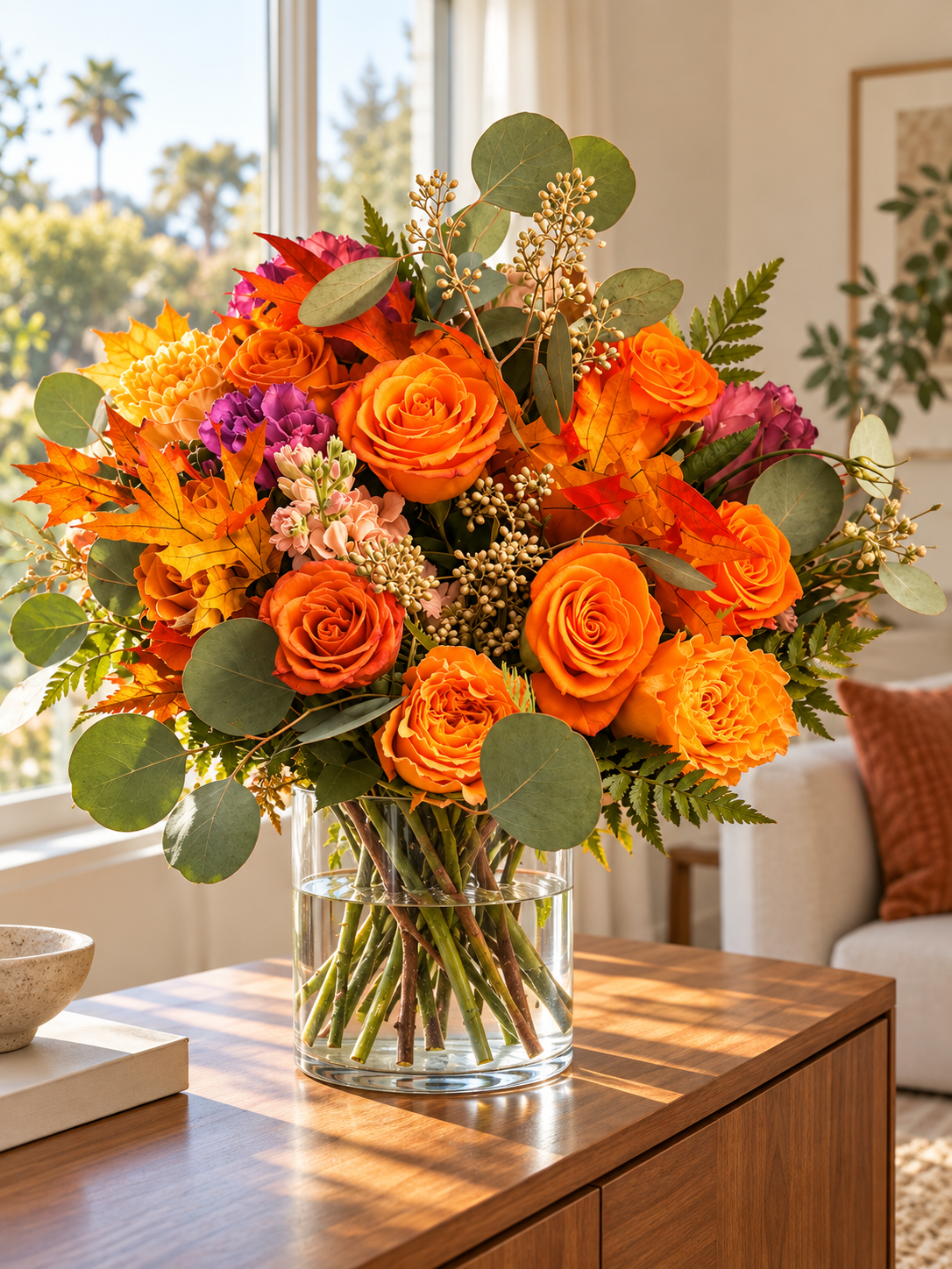 Golden Harvest orange rose bouquet displayed in a wide clear glass vase in a sunlit Los Angeles home; vase not included