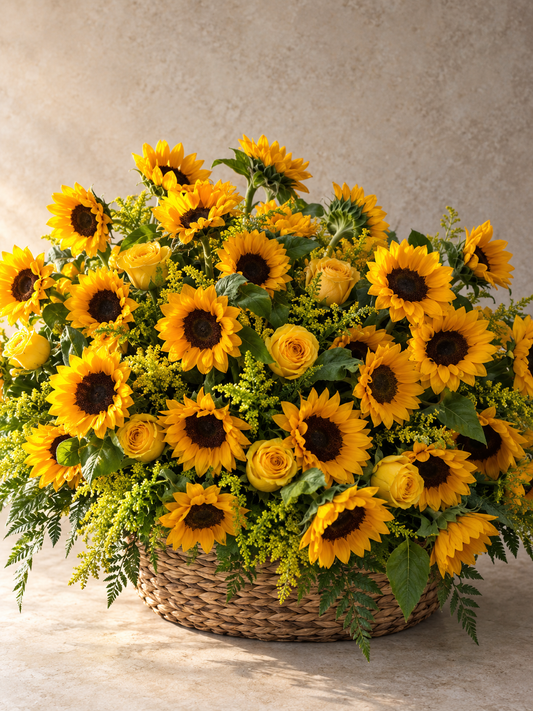 Large Happy Sunflowers basket with naturally varied sunflower heads, yellow roses, solidago and fern in directional light