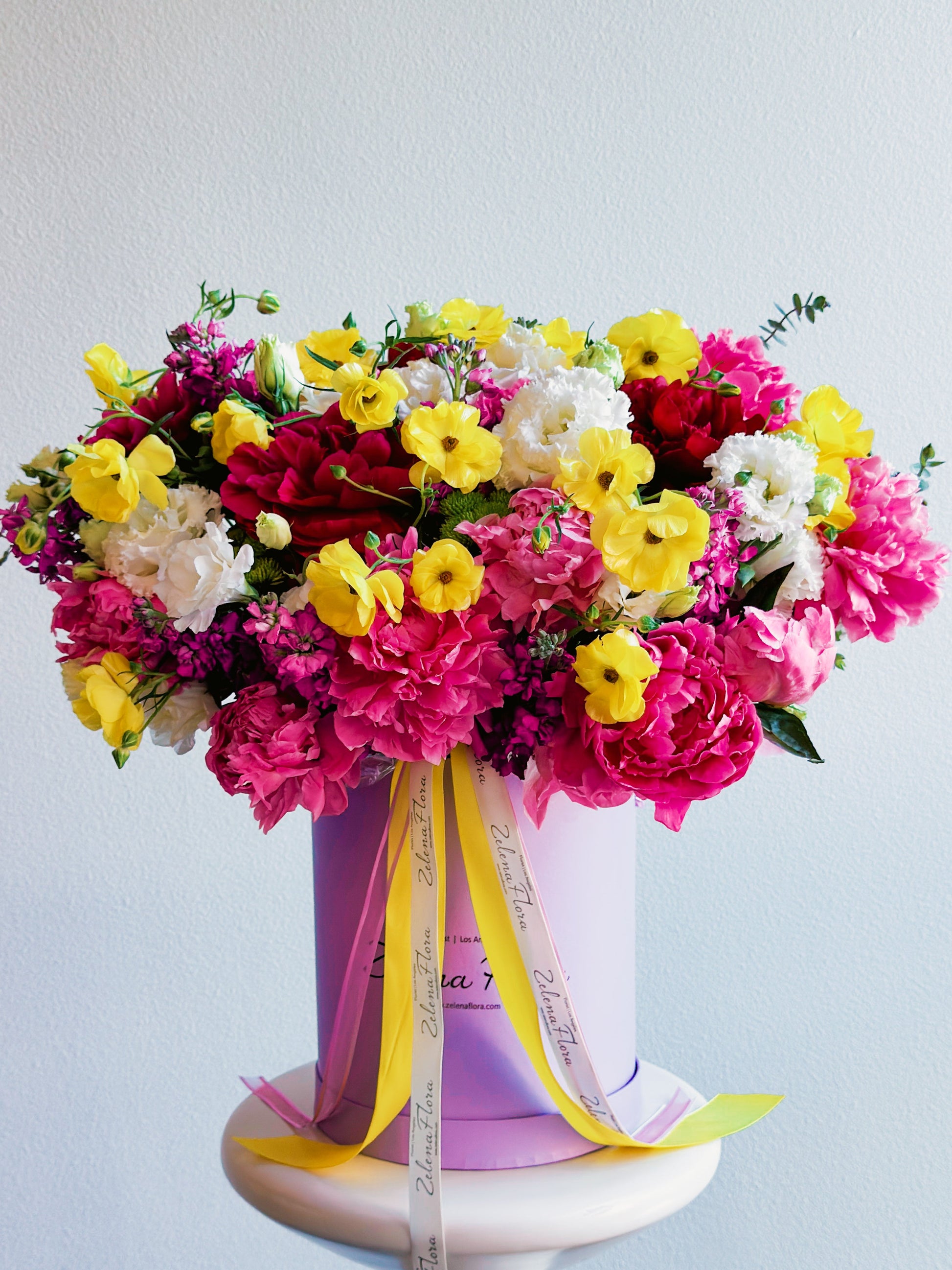 Mood Marvelous floral box with peonies, ranunculus, lisianthus, stock, green mums, and eucalyptus | Zelena Flora | Los Angeles