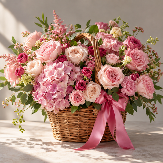 Pink Marshmallows flower basket with blush and cream roses, pink hydrangea, dianthus, greenery and pink ribbon
