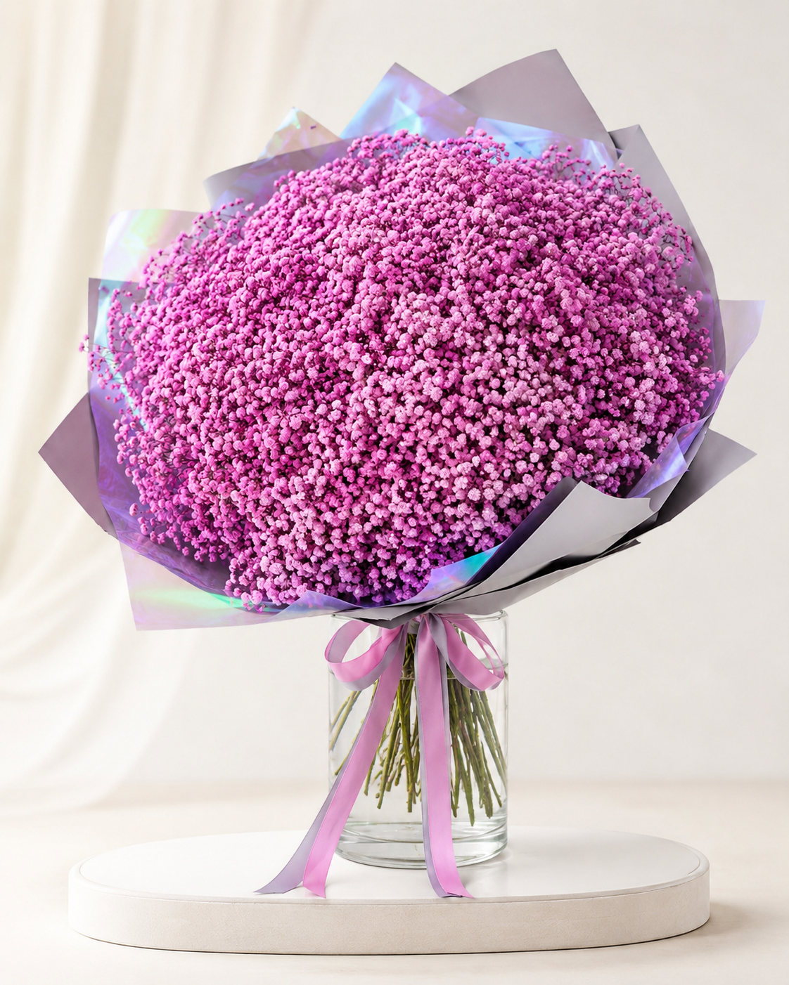 Pink Charm pink gypsophila bouquet displayed in a clear glass vase | Zelena Flora | Los Angeles