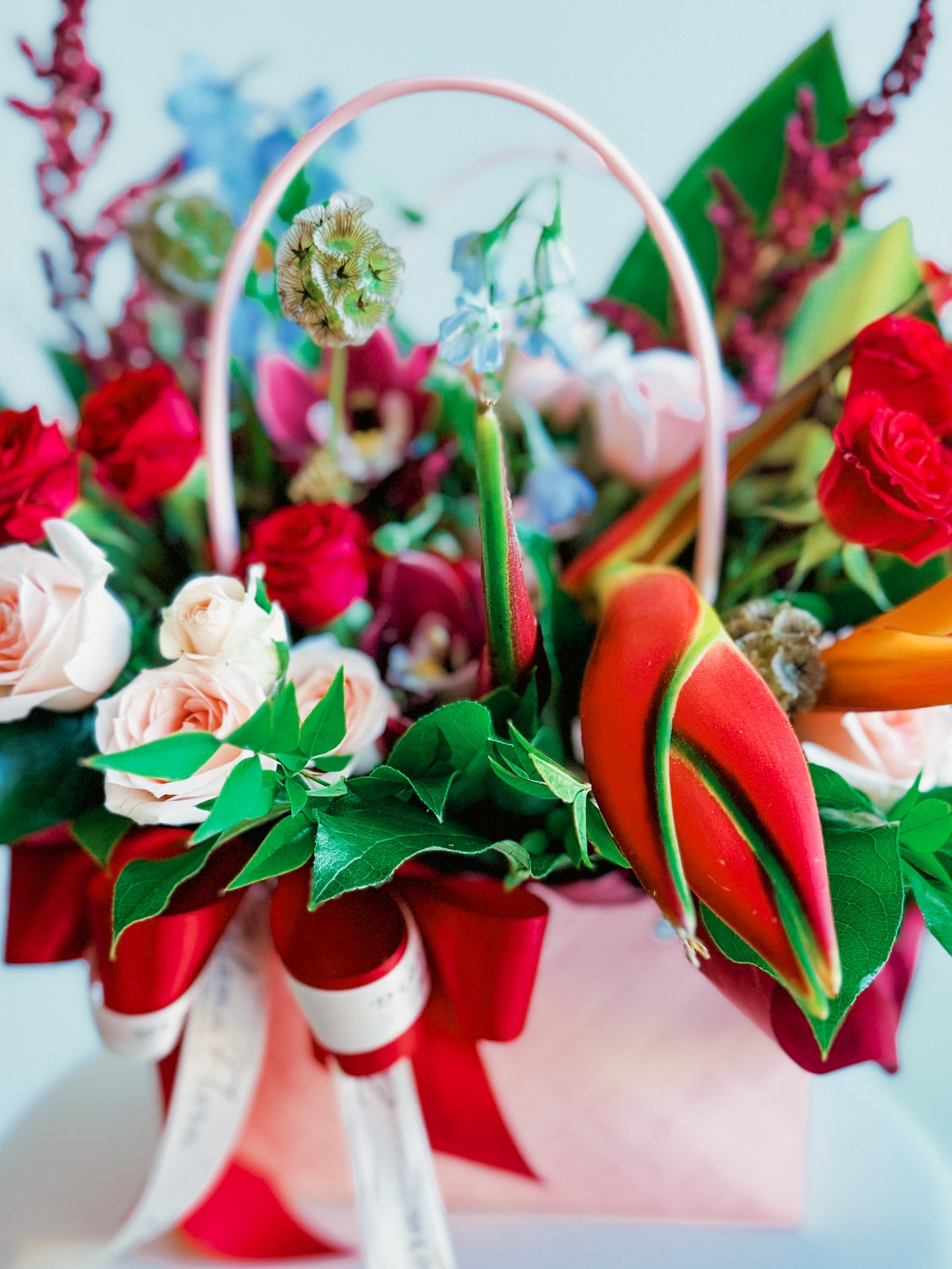 Exotic flower detail in the Rosy Runway arrangement