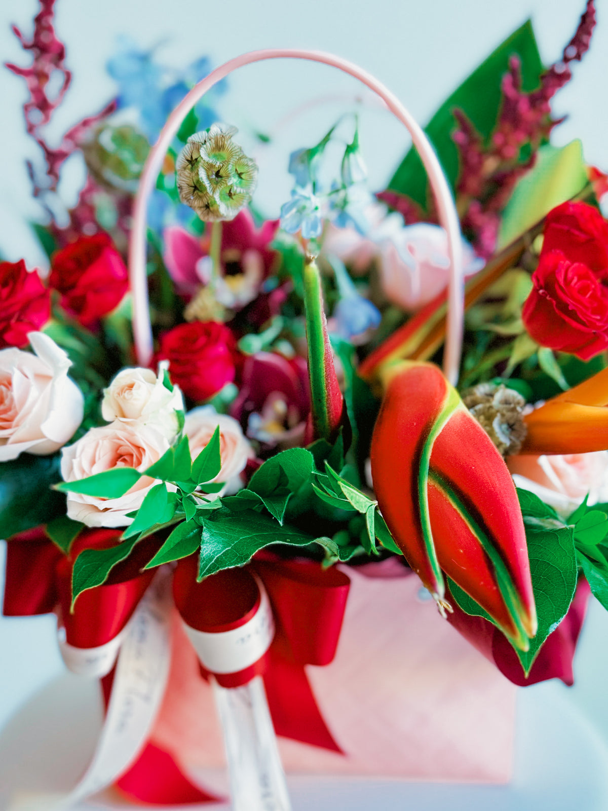 Exotic flower detail in the Rosy Runway arrangement