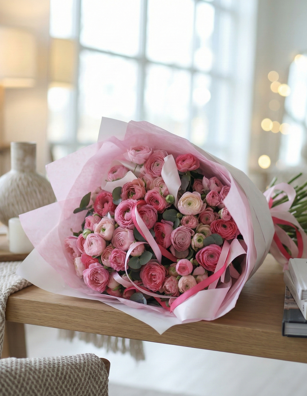 Spring Kiss bouquet with blush roses, lisianthus, and fresh spring greenery by Zelenaflora in Los Angeles